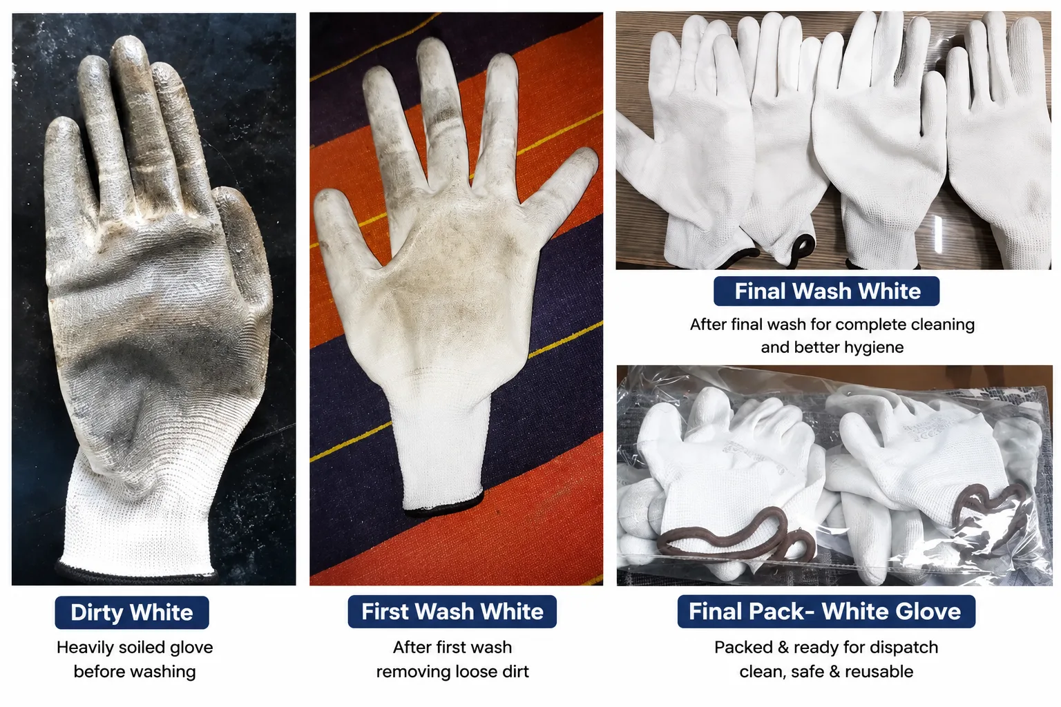 White cotton safety gloves recycling process showing dirty, first wash, final wash and packed gloves